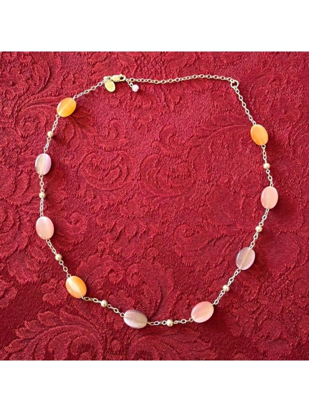 Vintage 925 Sterling Silver Cat Eye Beaded Stone Necklace 19" Orange Purple Pink